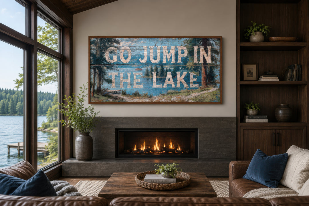 Rustic Go Jump in the Lake wood-style canvas wall art hanging above a fireplace in a lake house.