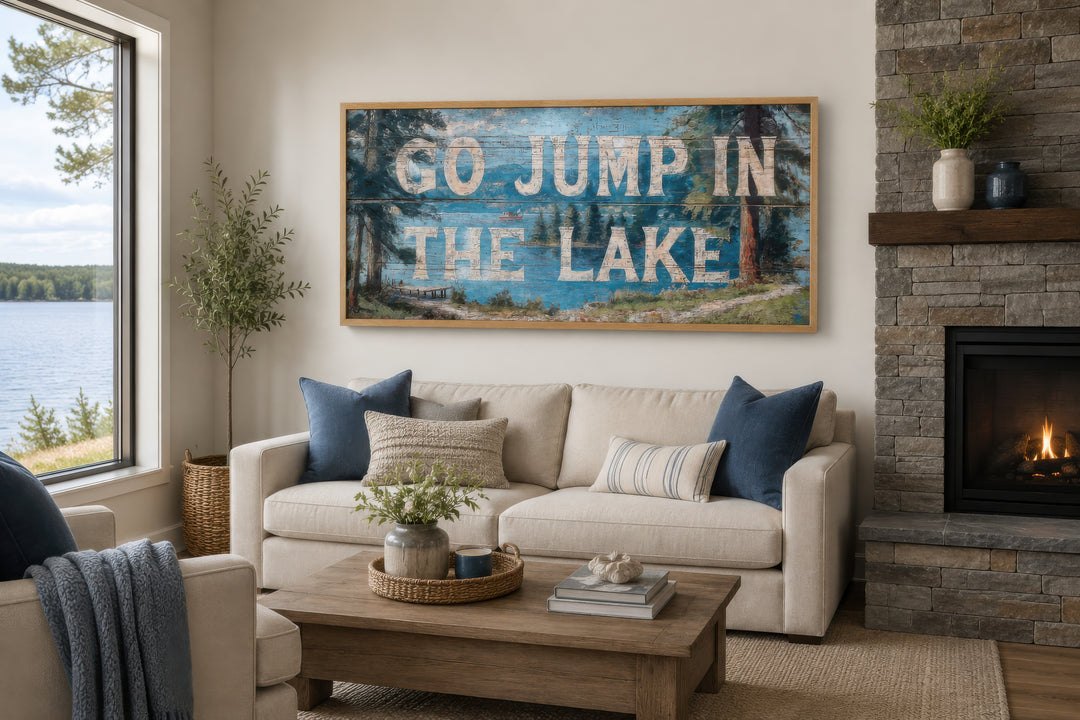 Go Jump in the Lake rustic wood-look canvas wall art above a sofa in a lake house living room.