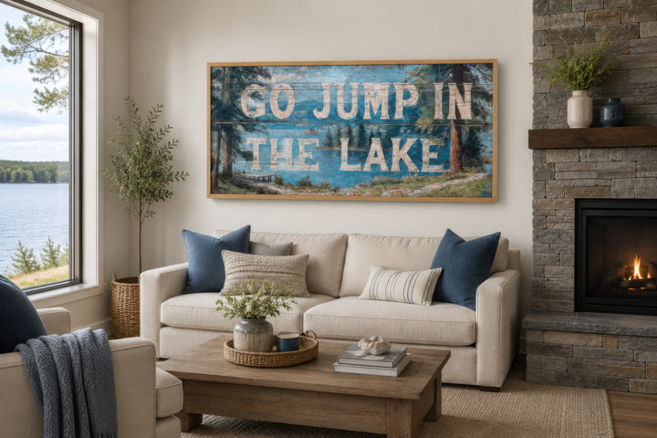 Go Jump in the Lake rustic wood-look canvas wall art above a sofa in a lake house living room.