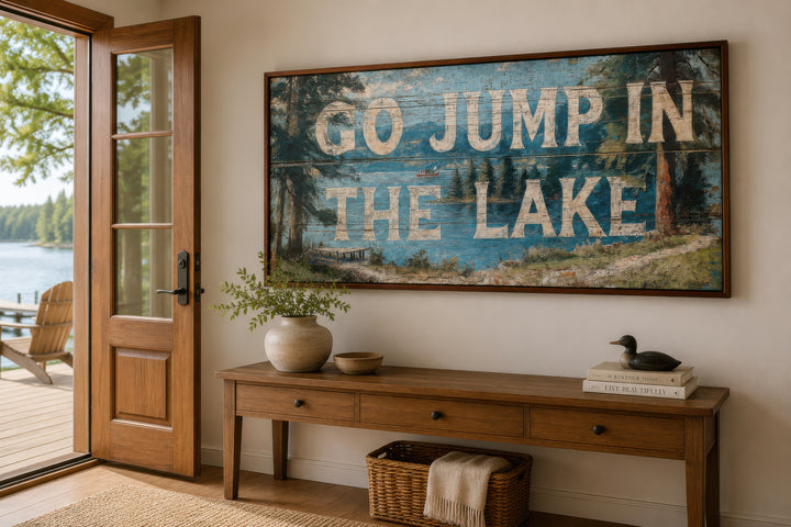 Rustic Go Jump in the Lake painting on wood-style canvas wall art above a wooden console table.