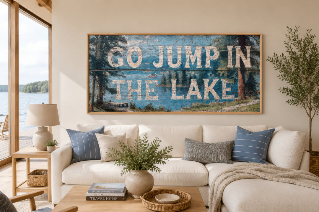 Go Jump in the Lake rustic wood-style canvas wall art above a neutral sofa in a lake house living room.