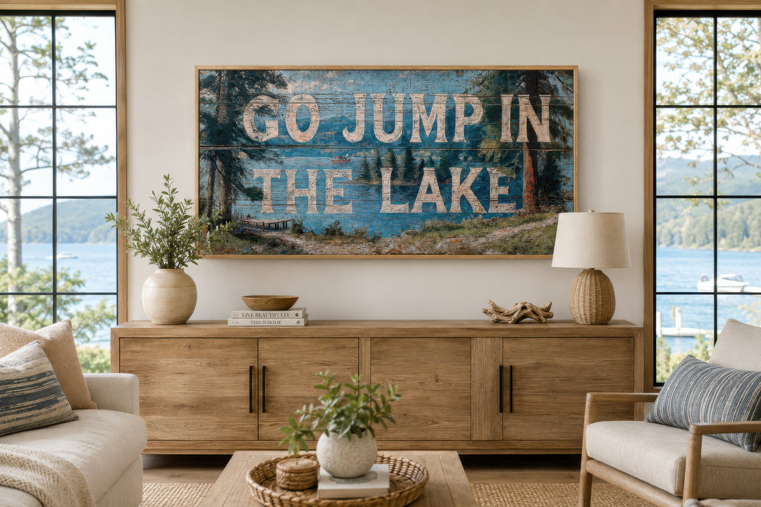 Go Jump in the Lake painting on wood canvas wall art above a wooden sideboard in a lake house room.