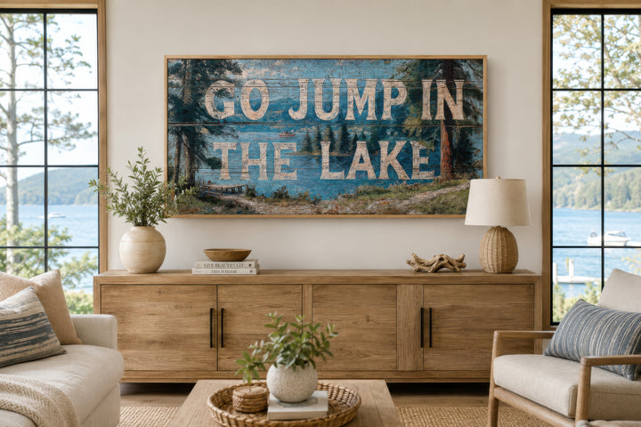 Go Jump in the Lake painting on wood canvas wall art above a wooden sideboard in a lake house room.