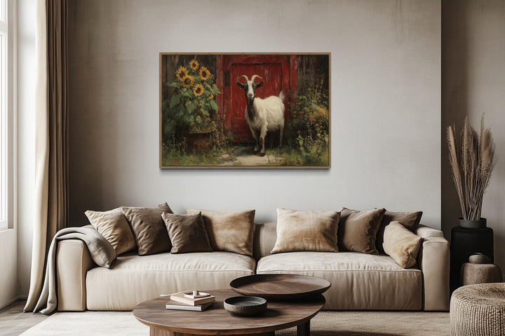 Ziege mit Sonnenblumen und roter Scheunentür Malerei Leinwand Wandkunst