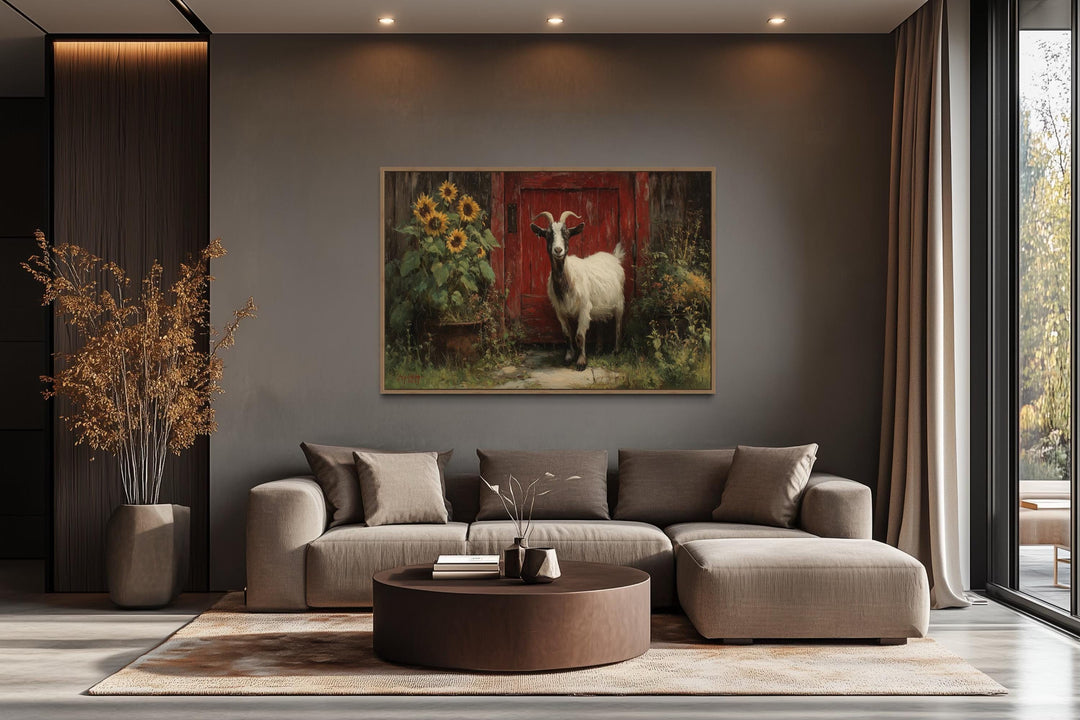Goat With Sunflowers and Red Barn Door Painting Canvas Wall Art