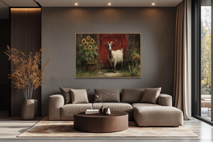 Goat With Sunflowers and Red Barn Door Painting Canvas Wall Art