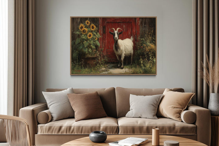 Goat With Sunflowers and Red Barn Door Painting Canvas Wall Art