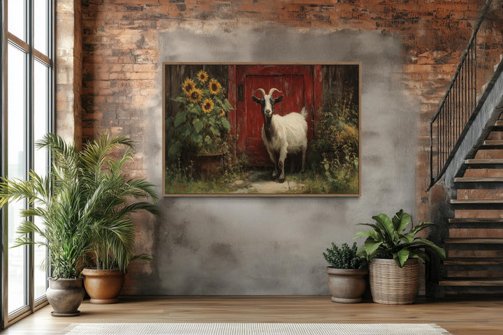 Goat With Sunflowers and Red Barn Door Painting Canvas Wall Art