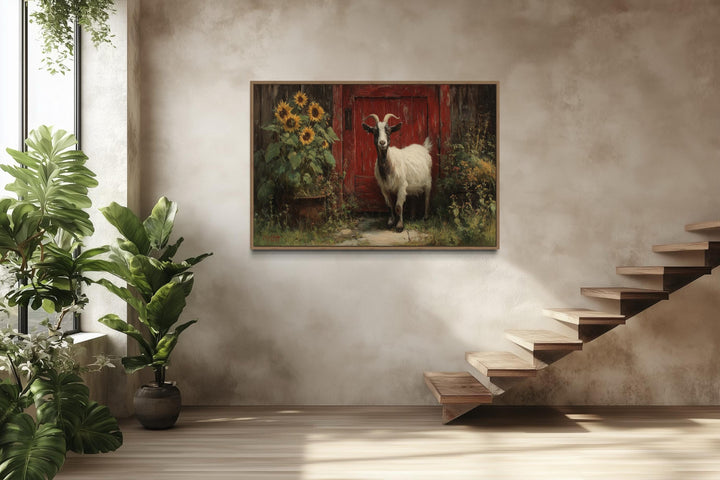 Goat With Sunflowers and Red Barn Door Painting Canvas Wall Art