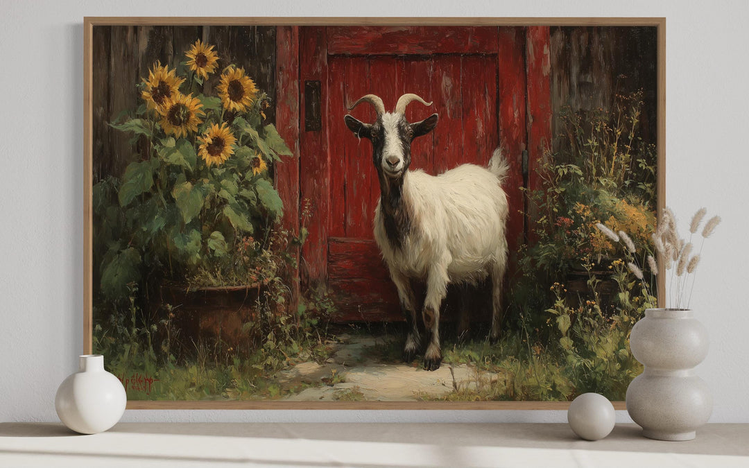 Goat With Sunflowers and Red Barn Door Painting Canvas Wall Art