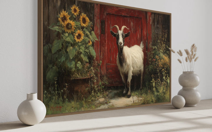 Goat With Sunflowers and Red Barn Door Painting Canvas Wall Art