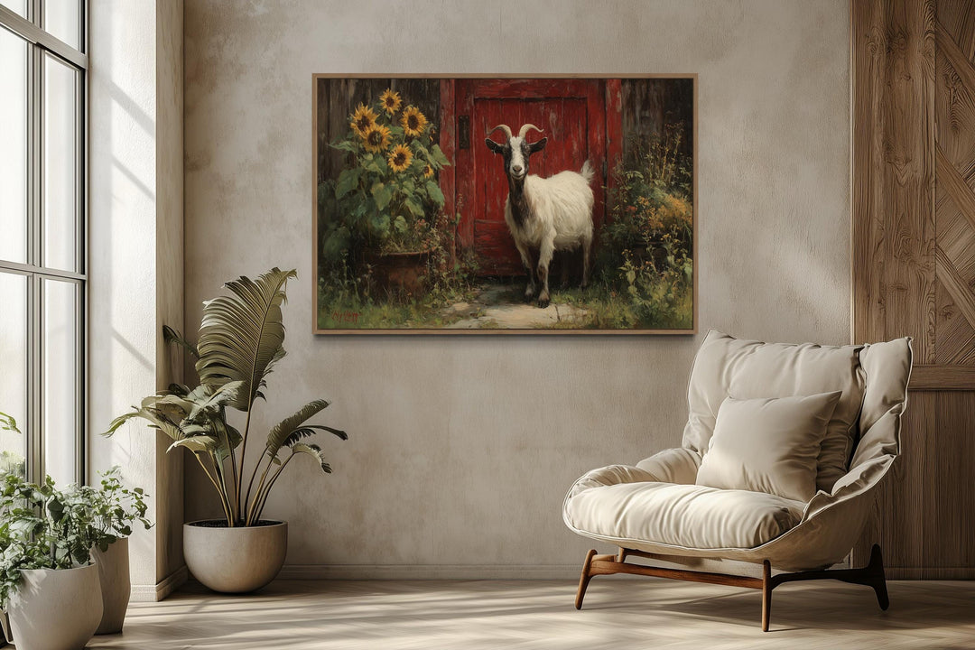 Goat With Sunflowers and Red Barn Door Painting Canvas Wall Art