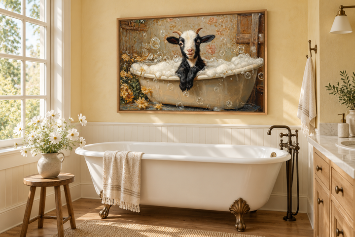 Goat in a Bathtub Framed Canvas Wall Art hanging in a rustic farmhouse bathroom.