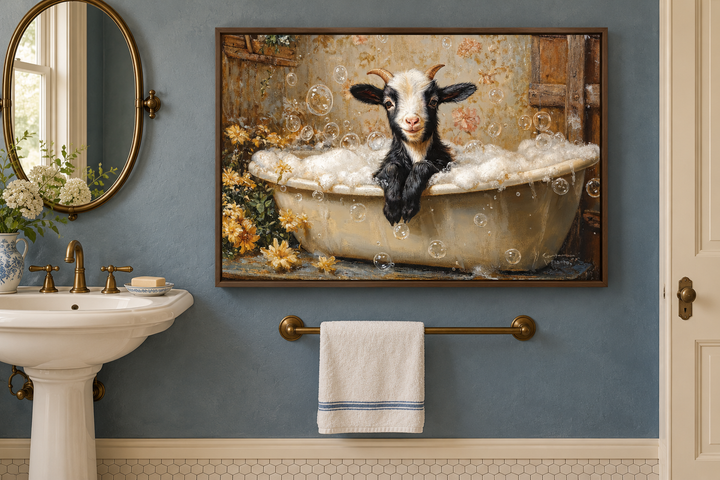 Goat in a Bathtub Framed Canvas Wall Art hanging in a dusty blue vintage bathroom.