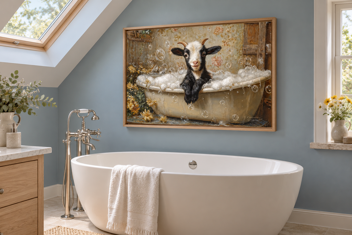 Goat in a Bathtub Framed Canvas Wall Art hanging in a blue bathroom above a white soaking tub.
