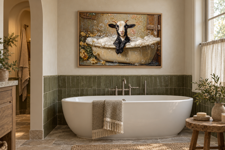 Goat in a Bathtub Framed Canvas Wall Art hanging above a white tub in a rustic bathroom.