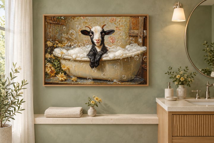 Framed canvas art of a black and white goat in a bubble bath, hanging in a green bathroom.