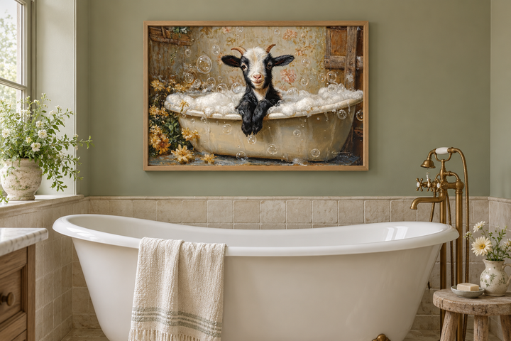 Goat in a Bathtub Framed Canvas Wall Art hanging in a sage green bathroom above a white tub.