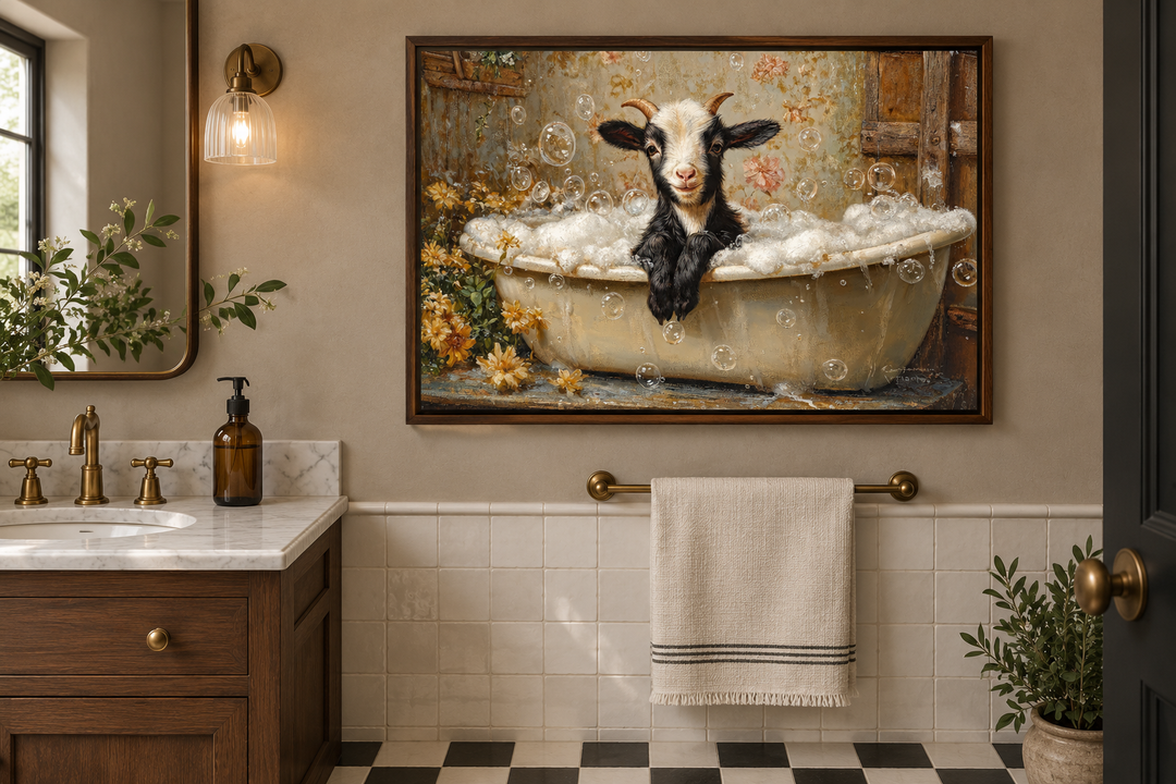 Goat in a Bathtub Framed Canvas Wall Art hanging in a rustic bathroom with walnut wood accents.
