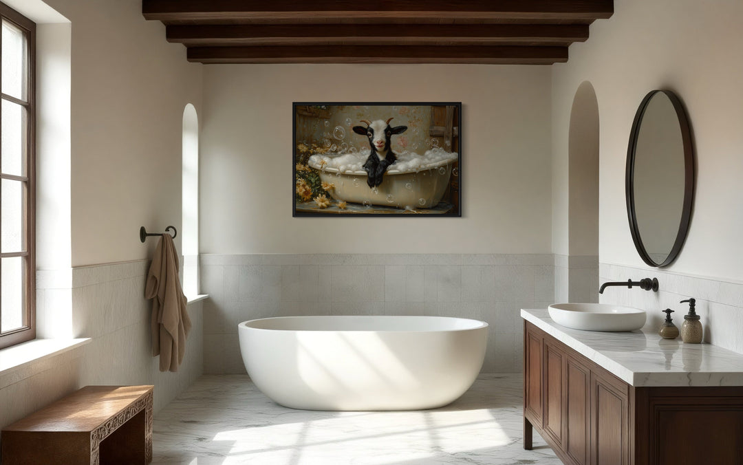 Goat in a Bathtub Framed Canvas Wall Art