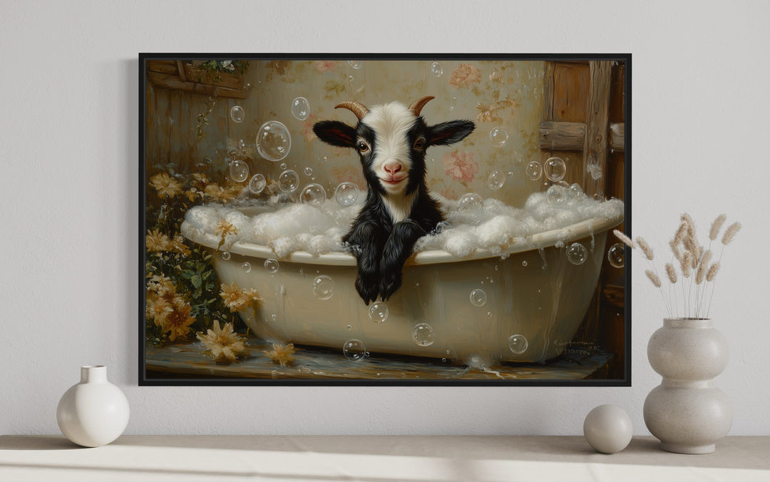 Goat in a Bathtub Framed Canvas Wall Art