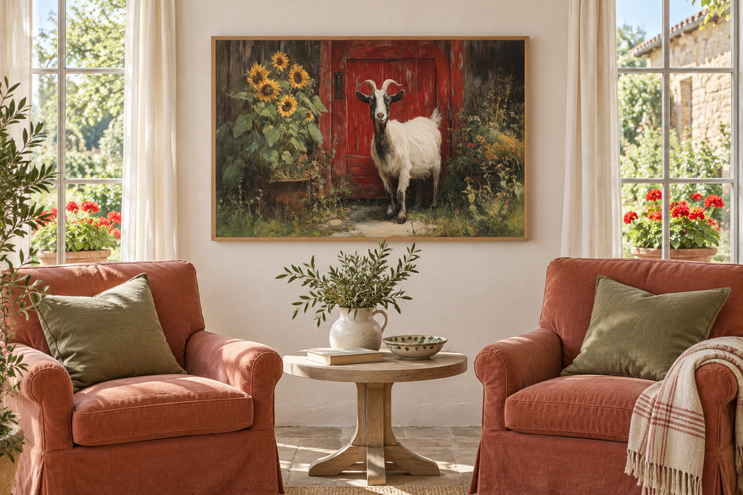Goat with sunflowers and red barn door painting canvas wall art in a rustic farmhouse living room.
