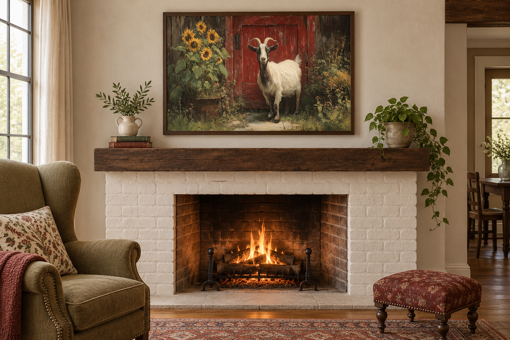 Goat with sunflowers and red barn door painting in a walnut frame above a brick fireplace.
