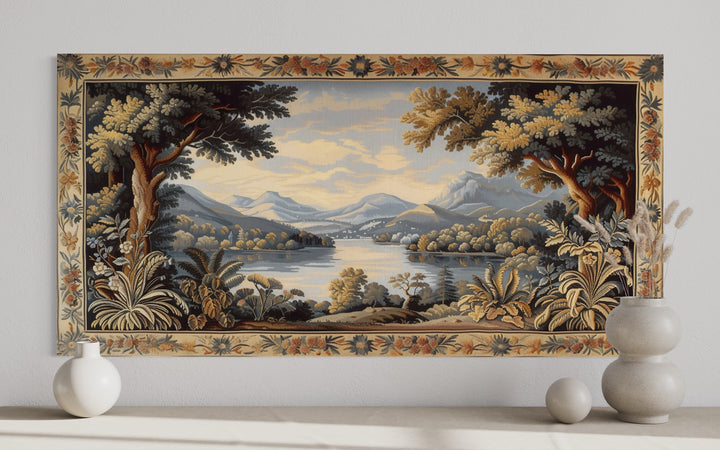 Gobelin Tapestry Antique River Landscape Painting Framed Canvas Wall Art