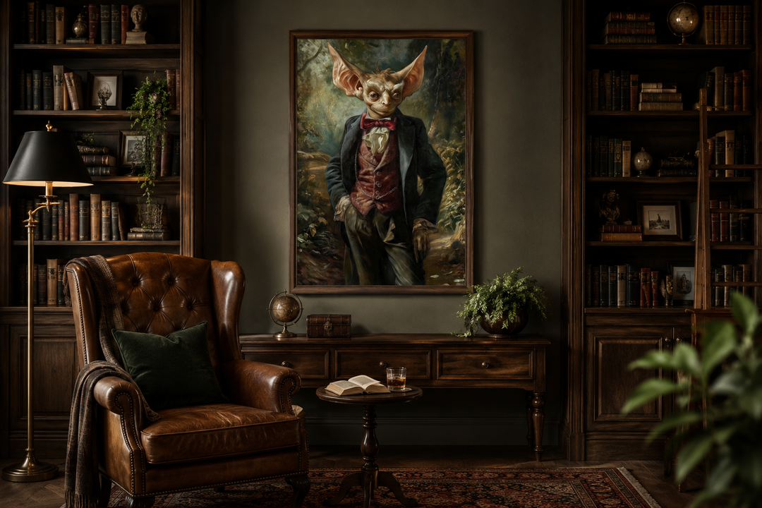 Framed canvas wall art of a goblin in a suit hanging in a dark academia style study.