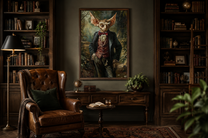 Framed canvas wall art of a goblin in a suit hanging in a dark academia style study.