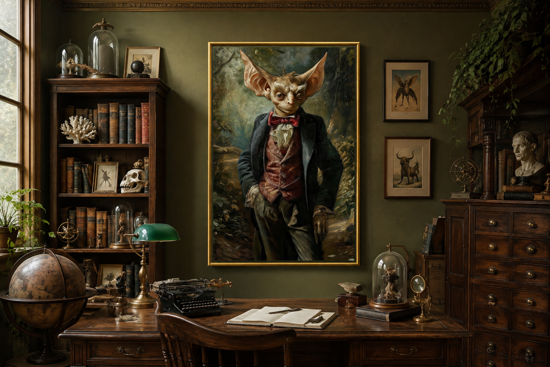 Gothic framed canvas wall art of a goblin in a suit hanging in a dark academia style study.