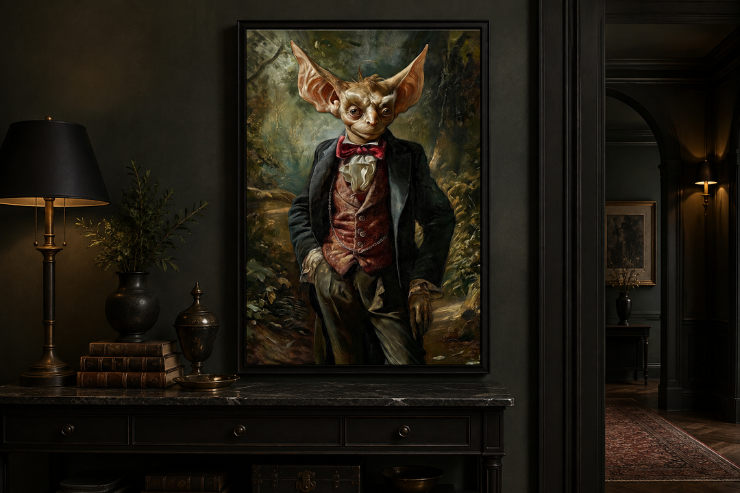Framed canvas wall art of a goblin in a suit and red bowtie, set in a dark gothic room.