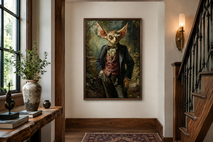 Framed canvas wall art of a goblin in a Victorian suit hanging in a hallway with dark wood trim.