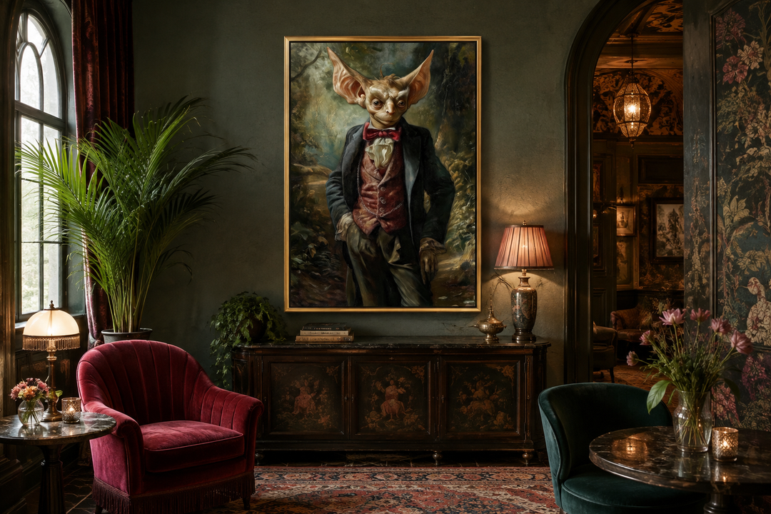 Framed canvas wall art of a goblin in a suit and red bowtie, hanging in a dark gothic room.