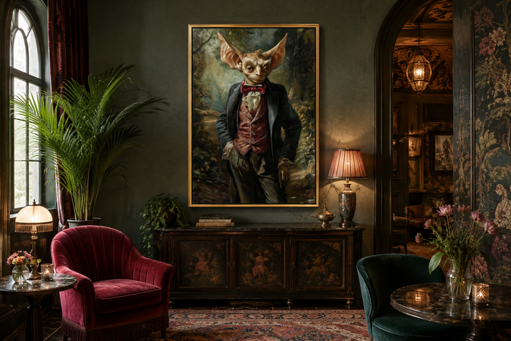 Framed canvas wall art of a goblin in a suit and red bowtie, hanging in a dark gothic room.