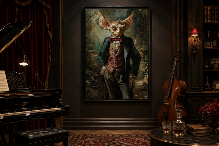 Gothic framed canvas wall art of a goblin in a suit hanging in a dark, elegant room with a piano.