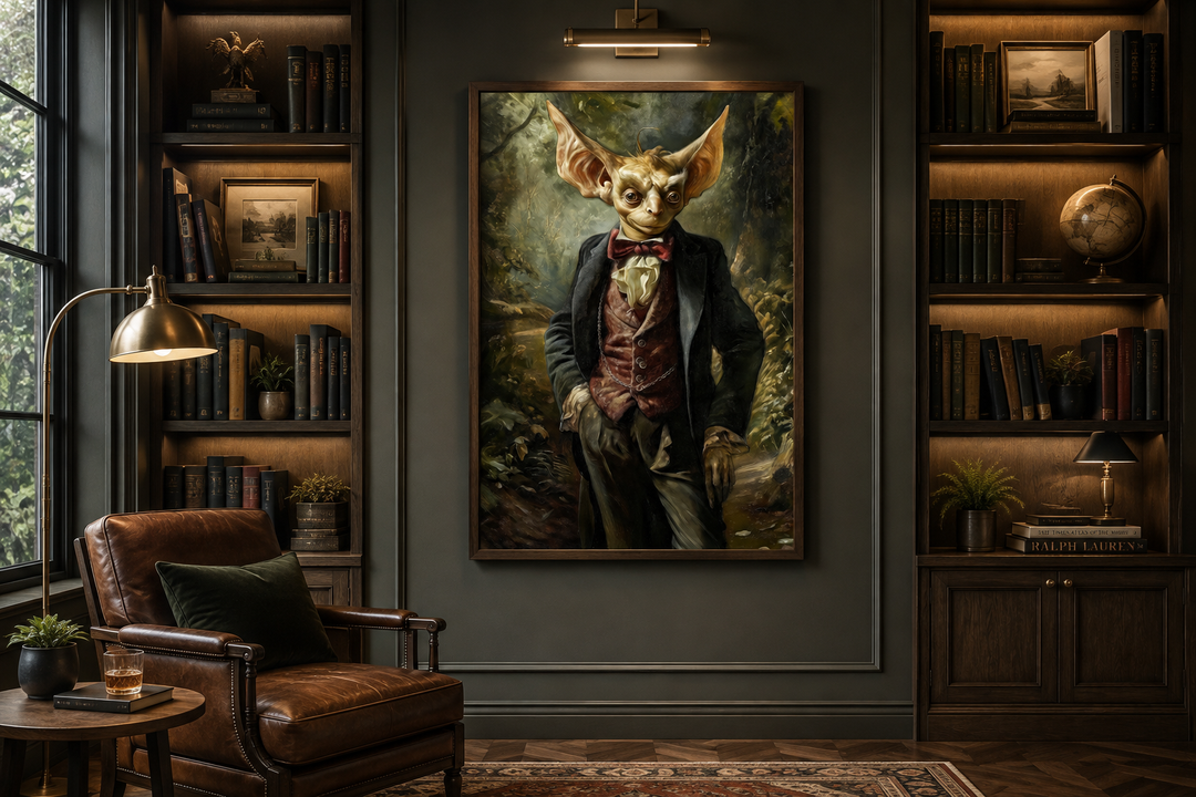 Framed canvas wall art of a goblin in a suit, hanging in a dark academia style library.
