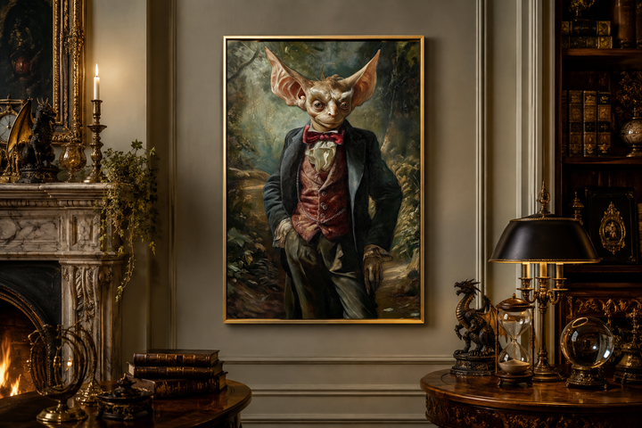 Gothic framed canvas wall art of a goblin in a suit, displayed above a fireplace in a study.
