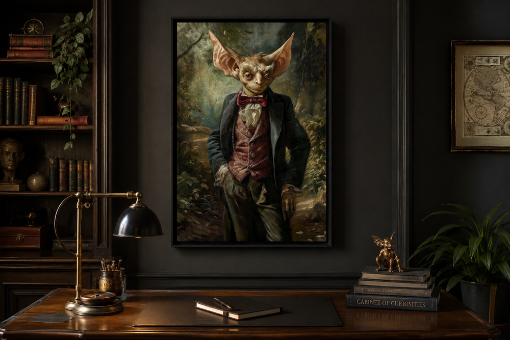 Framed canvas wall art of a goblin in a suit hanging above a dark wood desk in a gothic study.