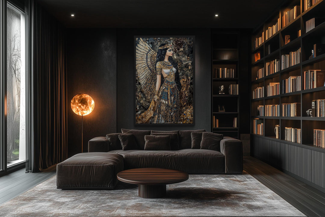 Goddess Isis mosaic-style framed canvas wall art hanging in a dark, modern living room.