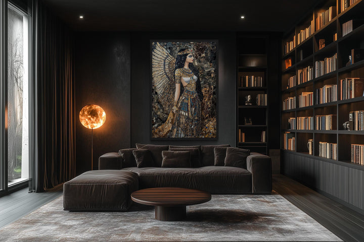 Goddess Isis mosaic-style framed canvas wall art hanging in a dark, modern living room.
