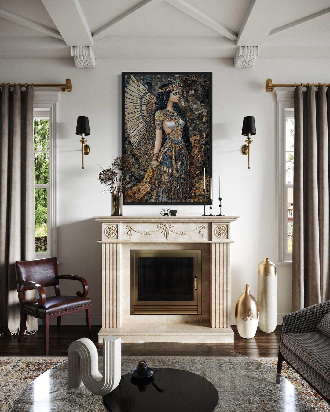 Goddess Isis mosaic-style framed canvas wall art hanging above a fireplace in a living room.