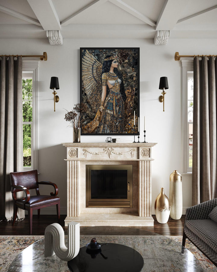 Goddess Isis mosaic-style framed canvas wall art hanging above a fireplace in a living room.