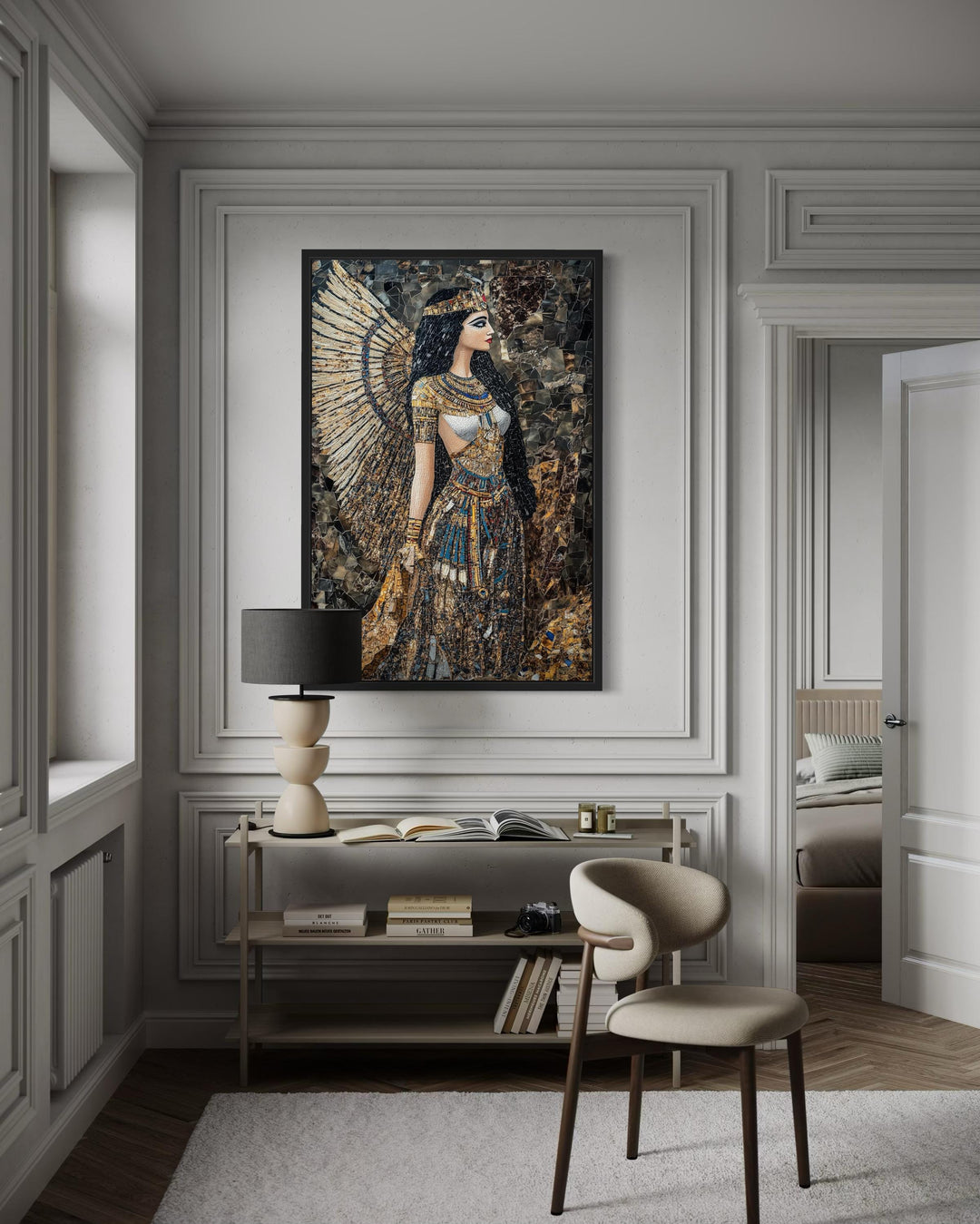 Goddess Isis mosaic-style framed canvas wall art in a gold and charcoal palette on a white wall.