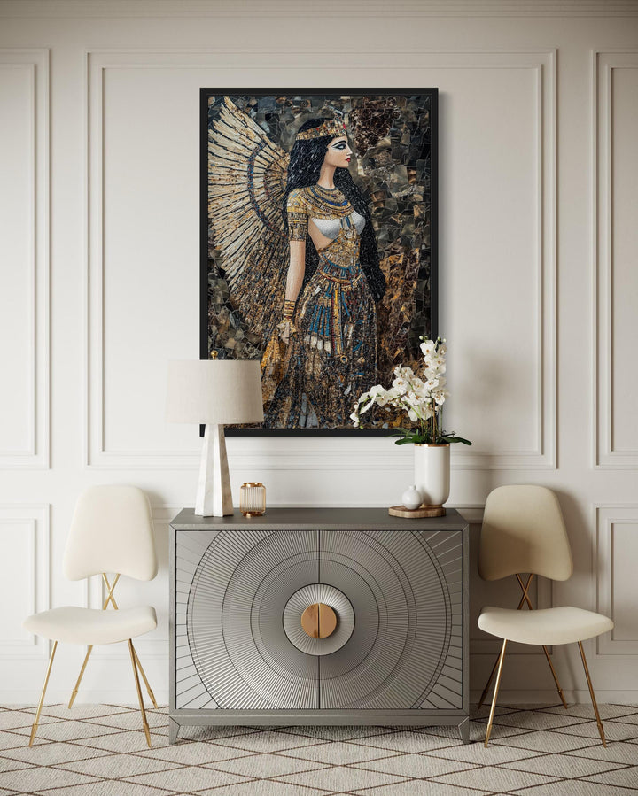 Goddess Isis mosaic-style framed canvas wall art above a grey console table in a modern room.