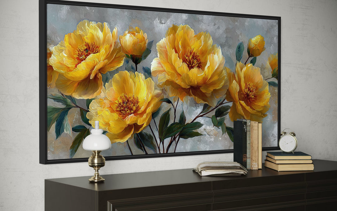Gold Abstract Flowers On Grey Background Modern Living Room Wall Art