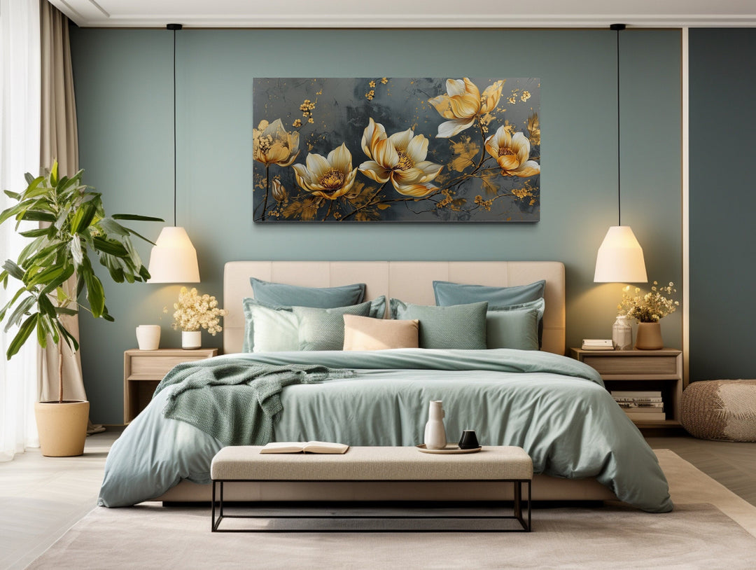 Gold Abstract Flowers On Grey Background Modern Living Room Wall Art