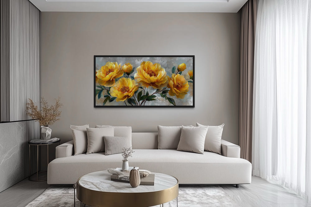 Gold Abstract Flowers On Grey Background Modern Living Room Wall Art