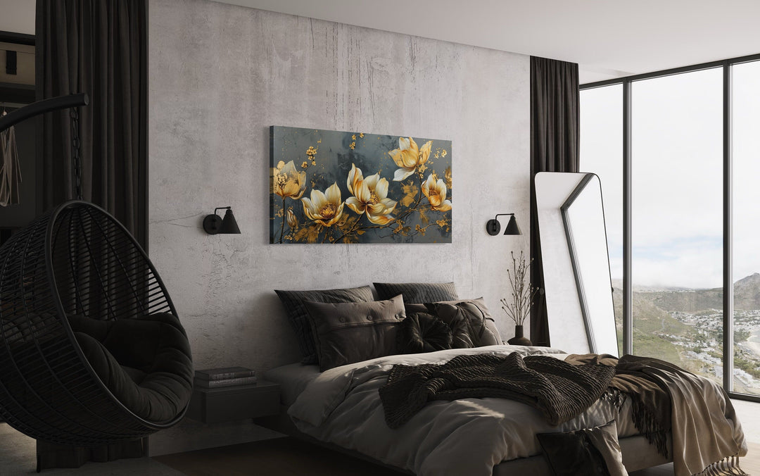 Gold Abstract Flowers On Grey Background Modern Living Room Wall Art