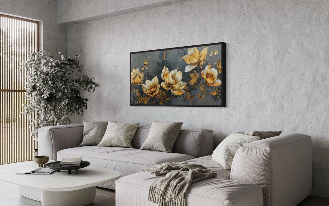 Gold Abstract Flowers On Grey Background Modern Living Room Wall Art